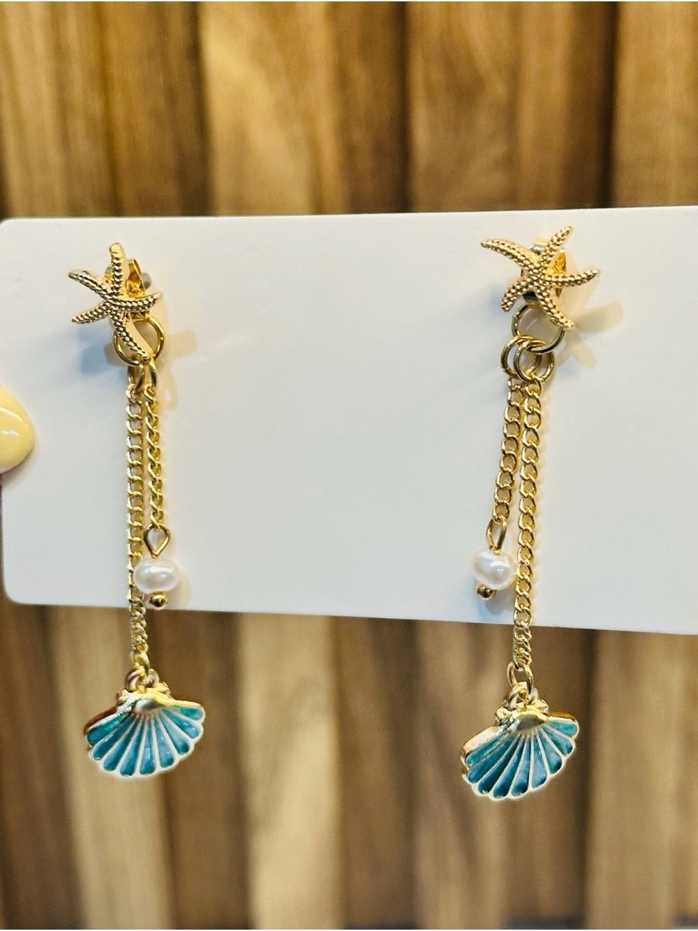 Gold Starfish Shell Drop Earrings Turquoise Pearl Coastal Dangle